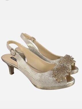 Alex Marie Marla Sand Gold Crystal Beaded Slingback Kitten Heel Size 6